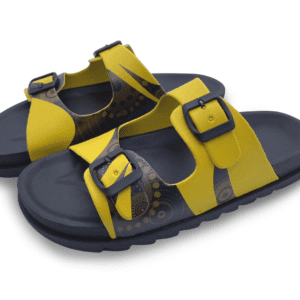 A pair of sandals featuring a yellow upper with black accents and buckles. The design includes patterns on the straps.