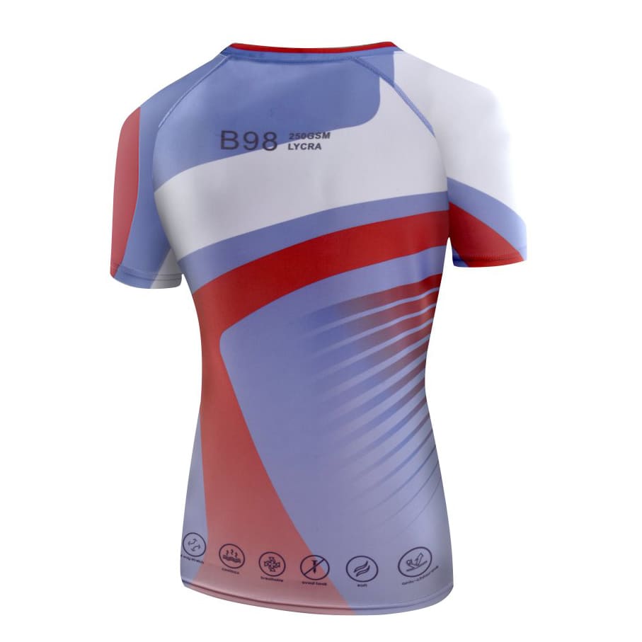 A swimwear top featuring blue, red, and white colours with a fitted design. It has a logo on the back.