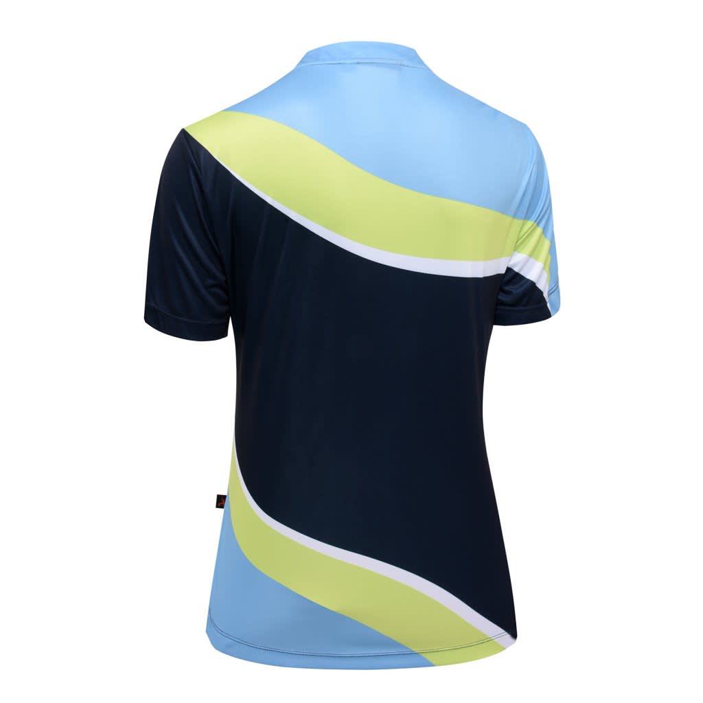 A T-shirt in blue and navy with a wavy design in lime green and white, featuring a logo on the back.