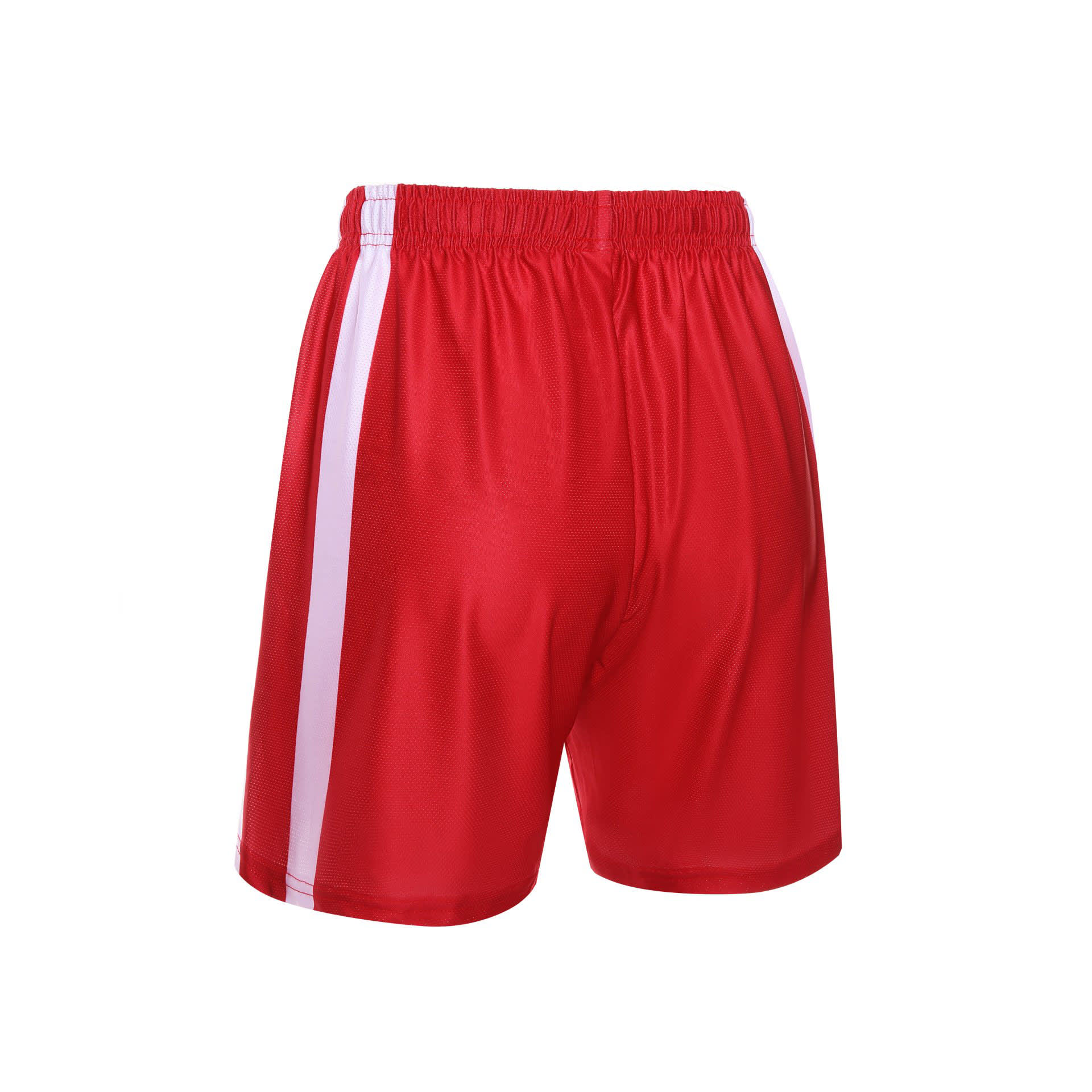 Red women's soccer uniform shorts featuring white side stripes and an elastic waistband. Includes a logo on the waistband.