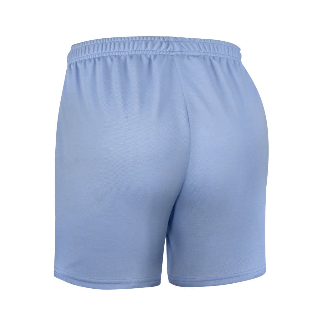 Light blue cotton back school shorts with an elastic waistband and a simple design. Features a logo.