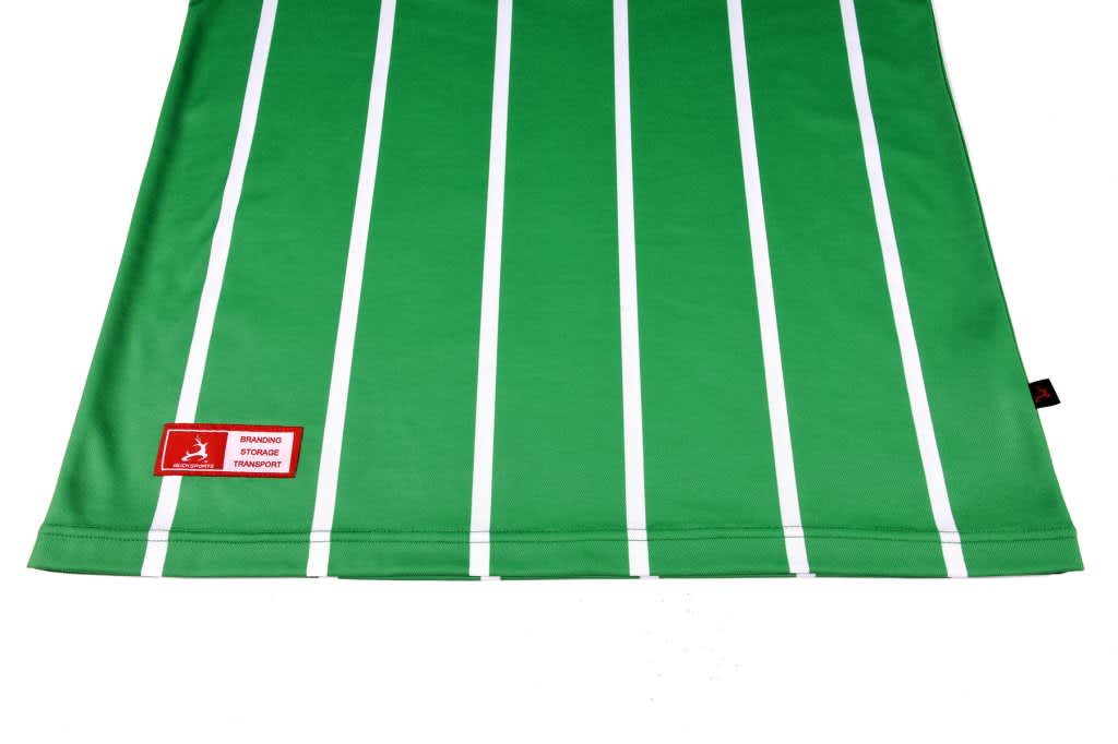 A green badminton club uniform featuring vertical white stripes and a small branding logo.