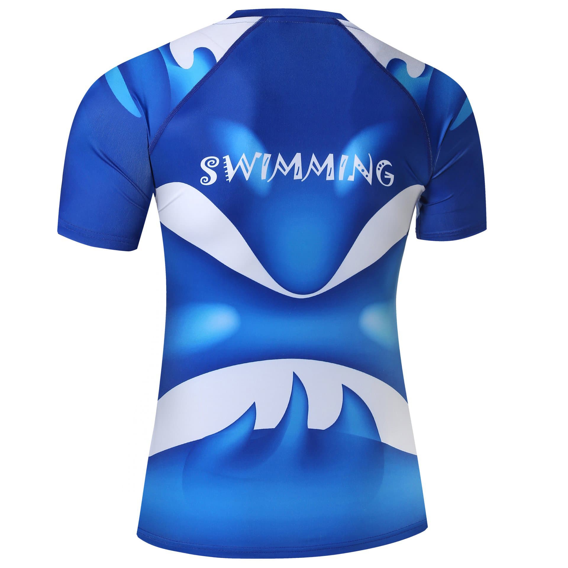 A blue swim shirt featuring a wave design and a logo on the back. The shirt has short sleeves.
