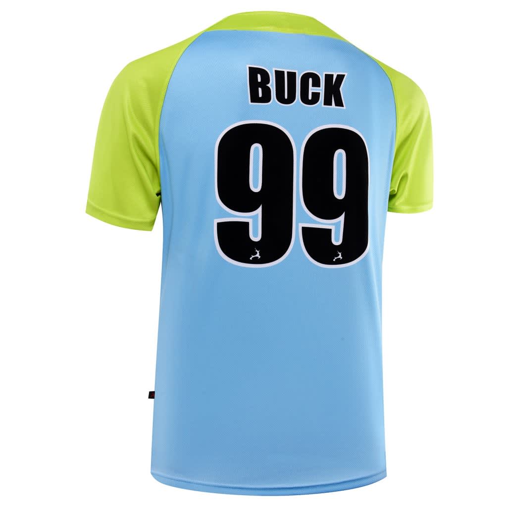 A baseball full button tee in light blue with lime green sleeves and a large number on the back. It features a logo.