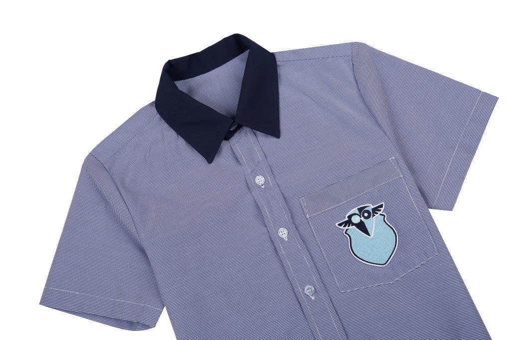 A short-sleeved school shirt in navy and light blue with a pocket featuring a logo.