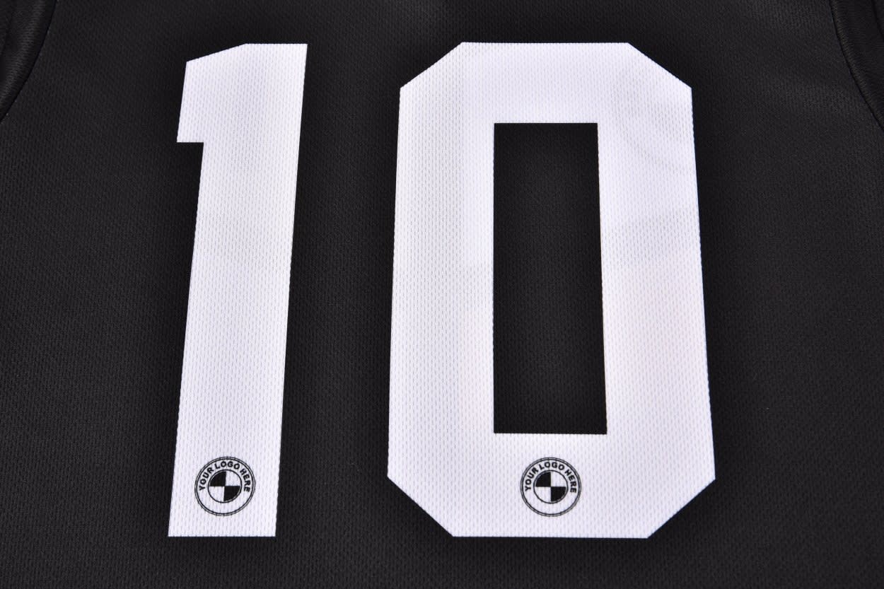 A black sports singlet featuring the number 10 in white with a logo at the bottom.