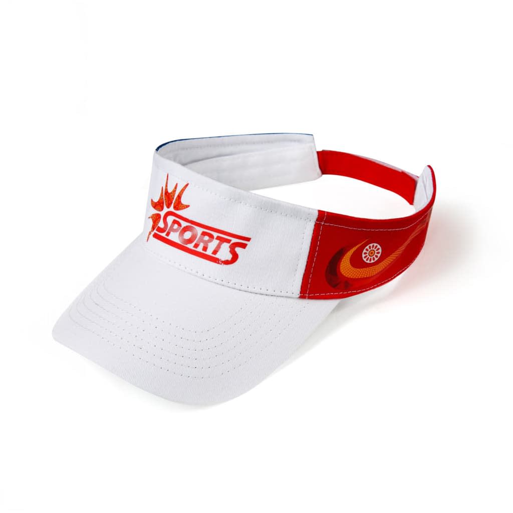 A white visor with red accents and an emblem, featuring a logo on the front.