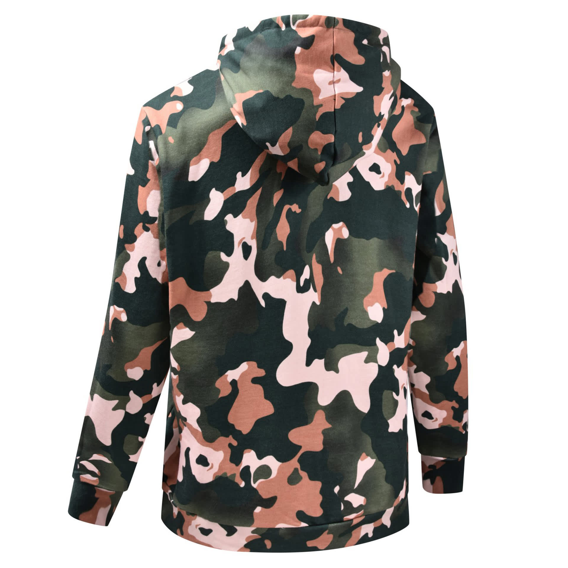 A camouflage-patterned hoodie in green, pink, and beige with a hood, featuring a logo on the back.