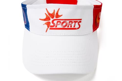 A white visor with a colourful printed band featuring a logo.