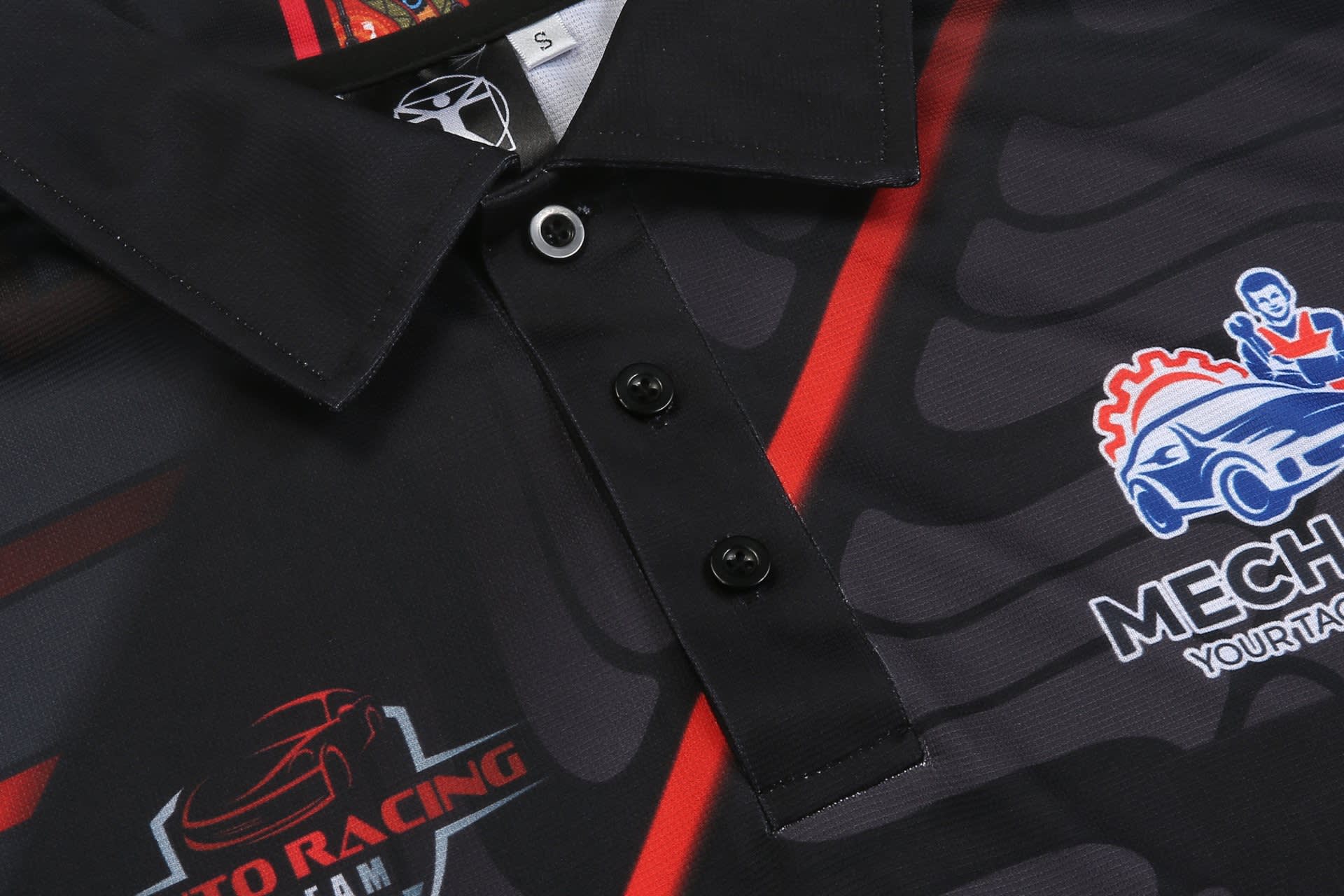 A black mechanic engineer uniform with red accents, featuring buttons and a logo.