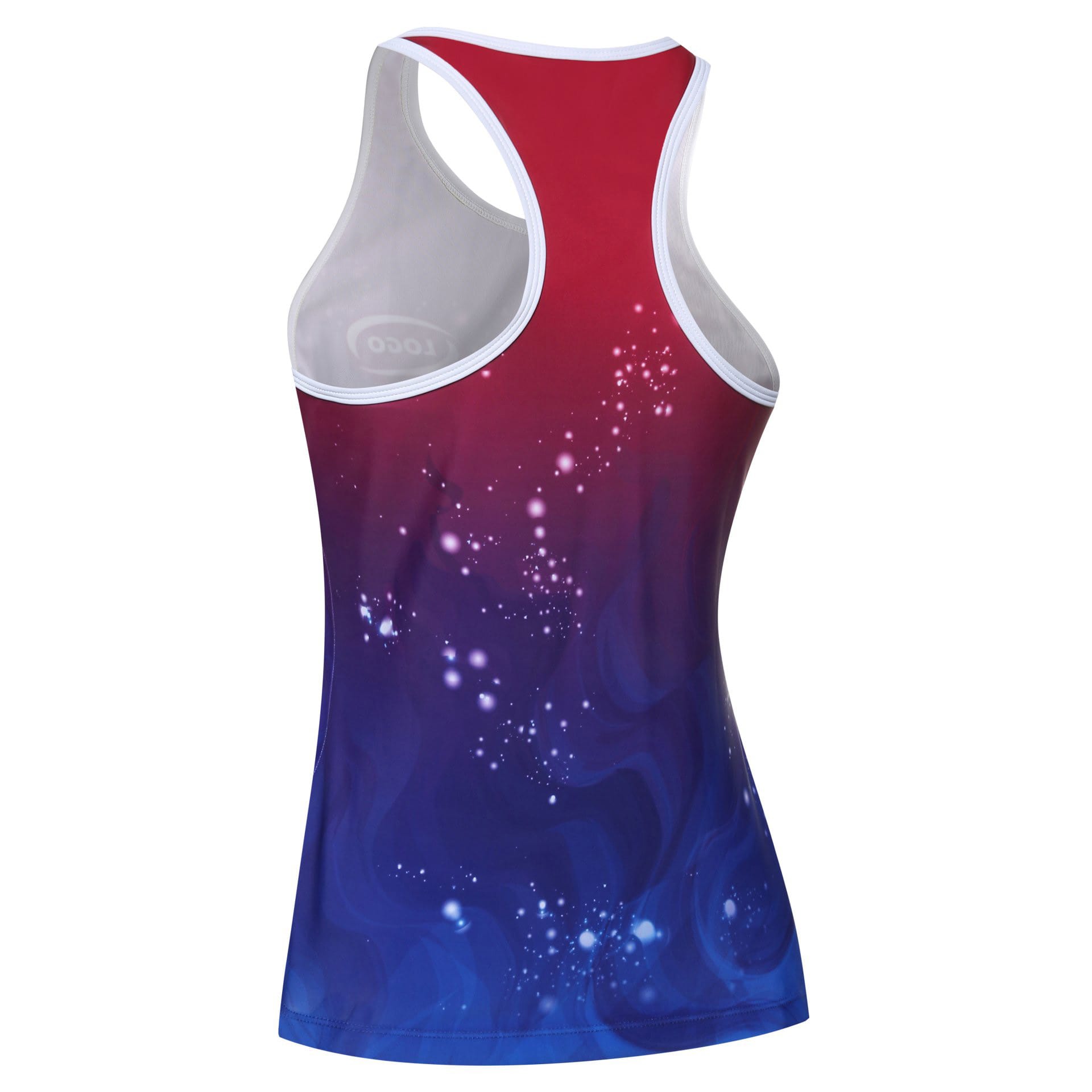 A women's singlet in red and blue with a gradient design and a subtle starry pattern. Features a logo on the back.