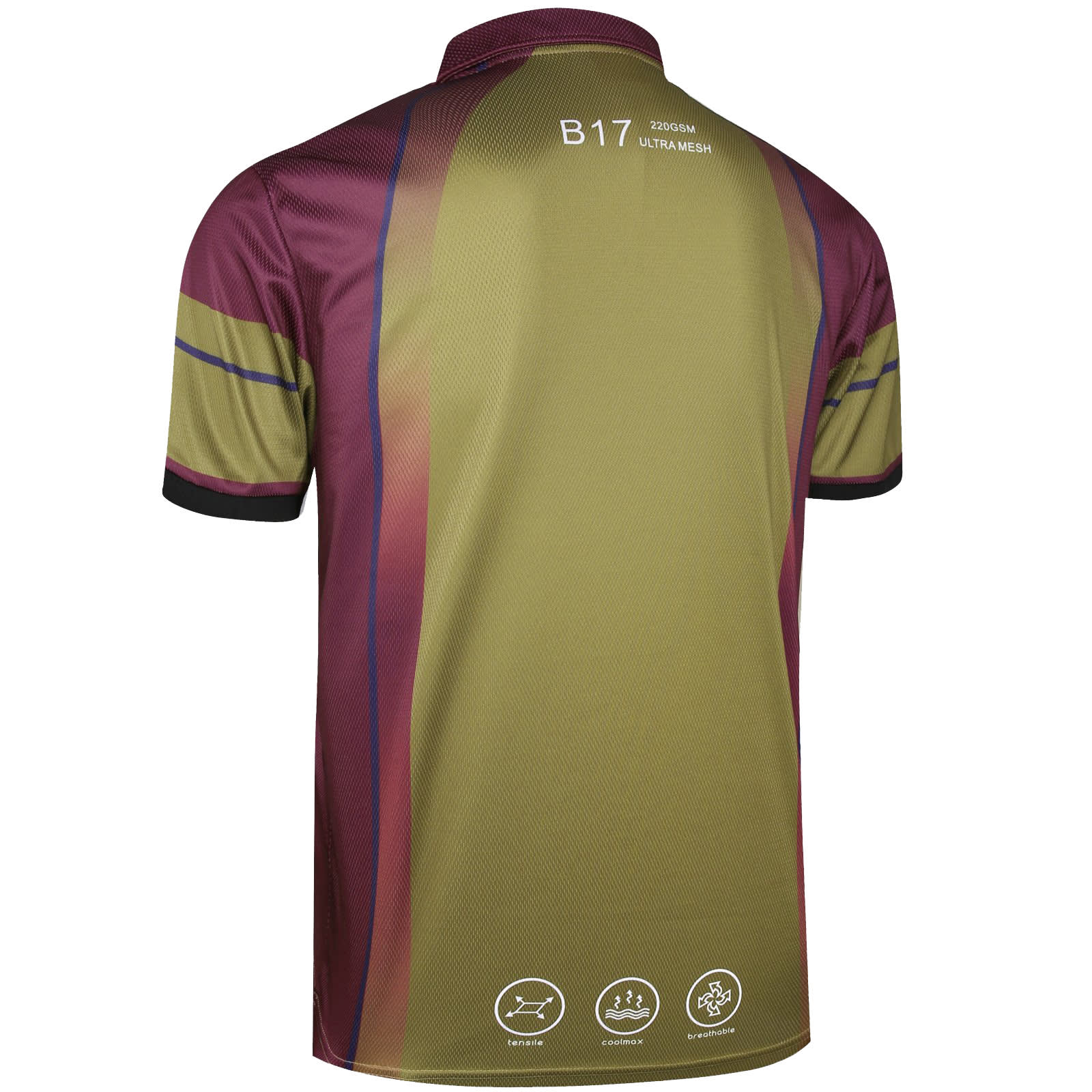 A collared polo in olive green and maroon, featuring a logo and technical detailing on the back.