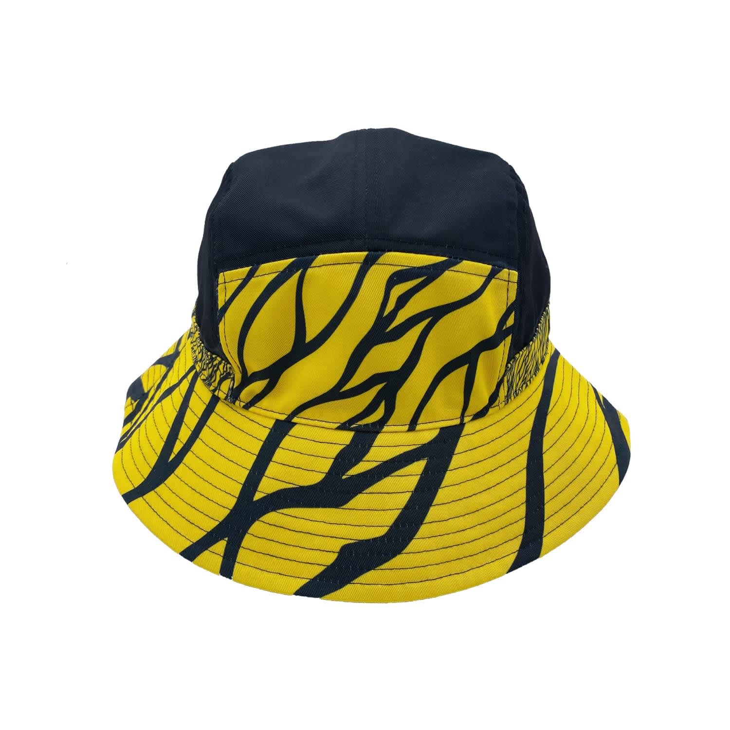 A yellow and black patterned soft cap featuring a bucket style design and a logo.