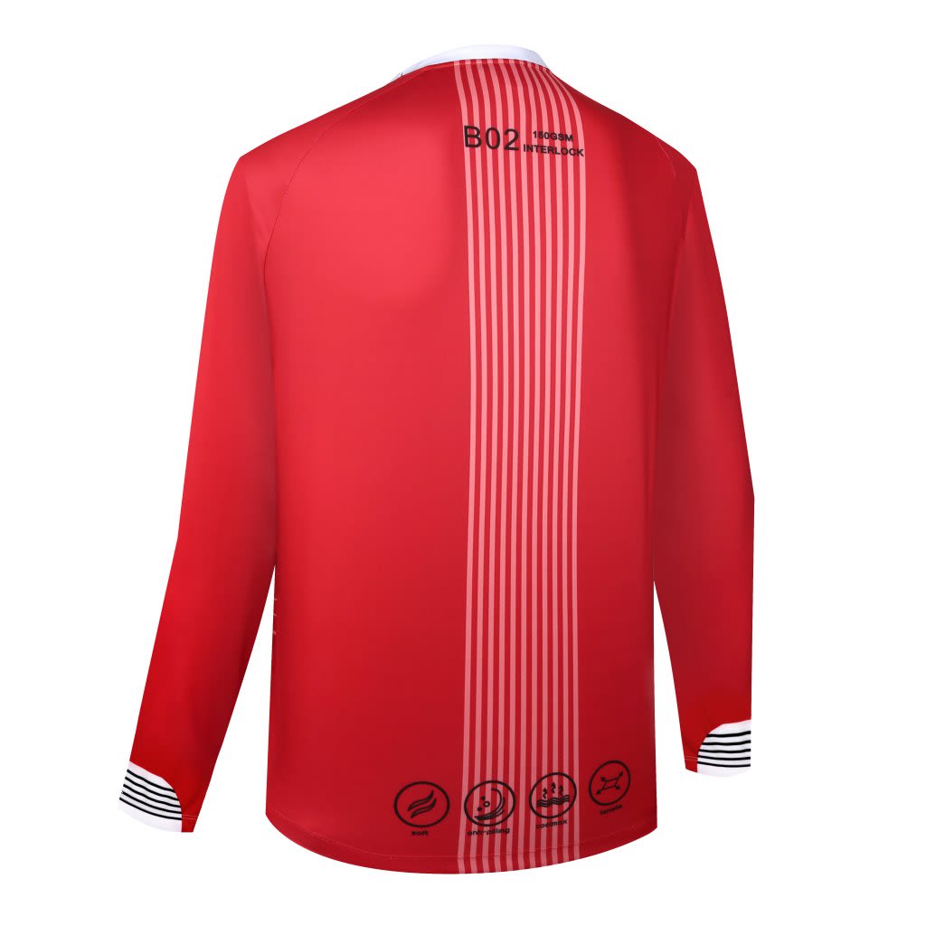 A red long-sleeved crew top with stripes on the back and a logo. It features a comfortable fit and stylish design.