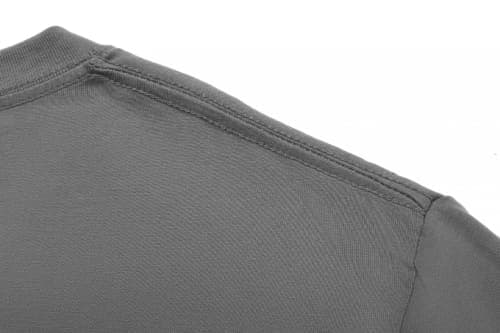A grey cotton T-shirt featuring a simple design, including a logo on the shoulder area.