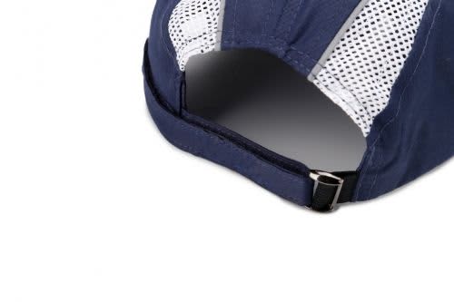 A navy blue sport mesh running cap with a breathable mesh panel and an adjustable strap at the back.