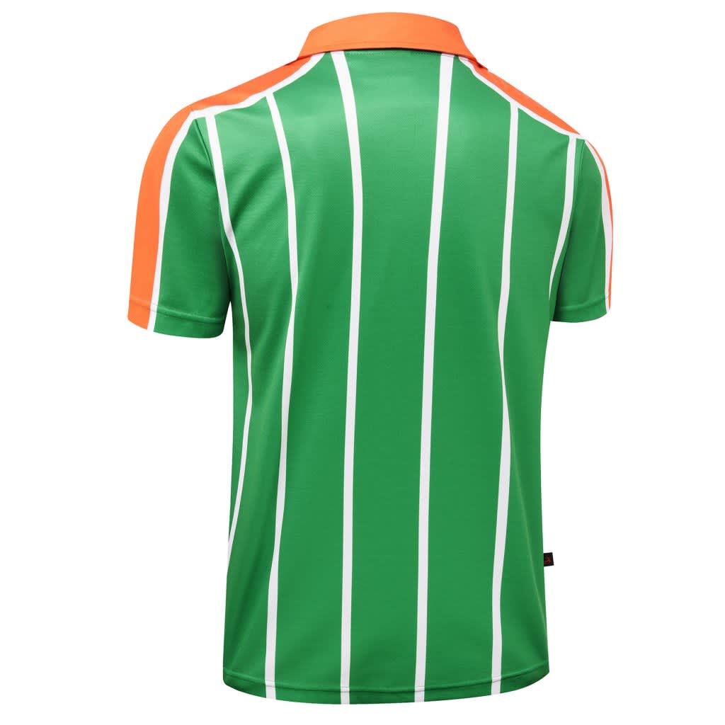 A green badminton club uniform featuring orange accents and vertical white stripes. It has a collar and short sleeves.