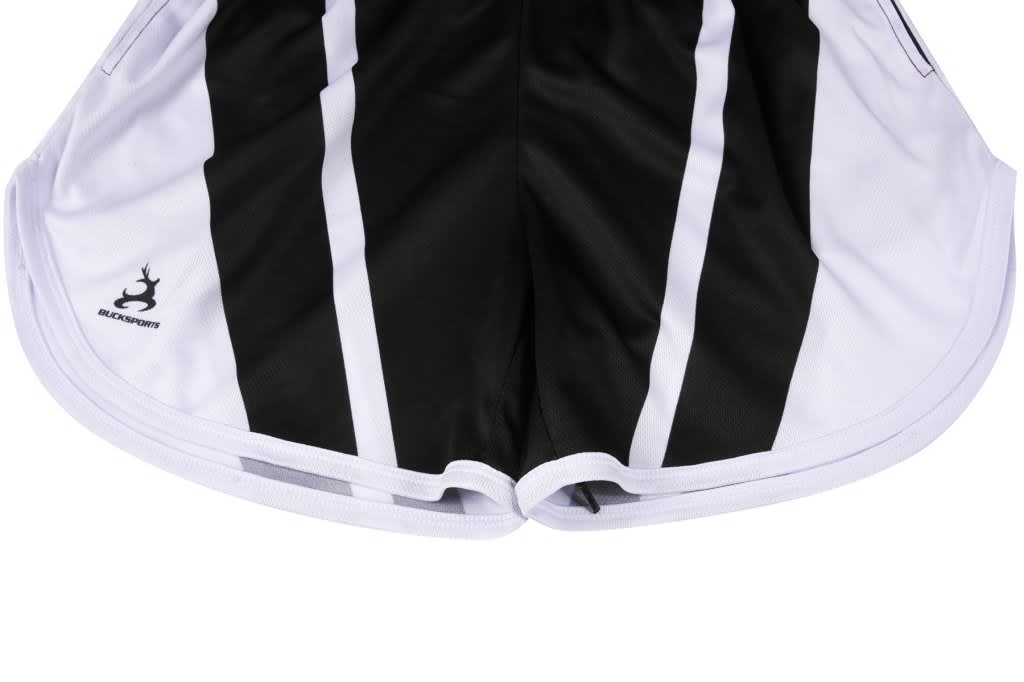 Black and white lady's sports shorts with a logo, featuring bold stripes and a lightweight design.