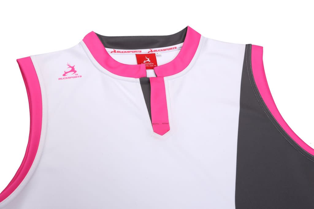 AFL singlet in white with pink and grey accents, featuring a logo on the front.