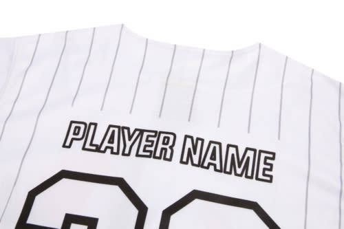 A white baseball uniform with black pinstripes and a back featuring the number 22 and a name placeholder.