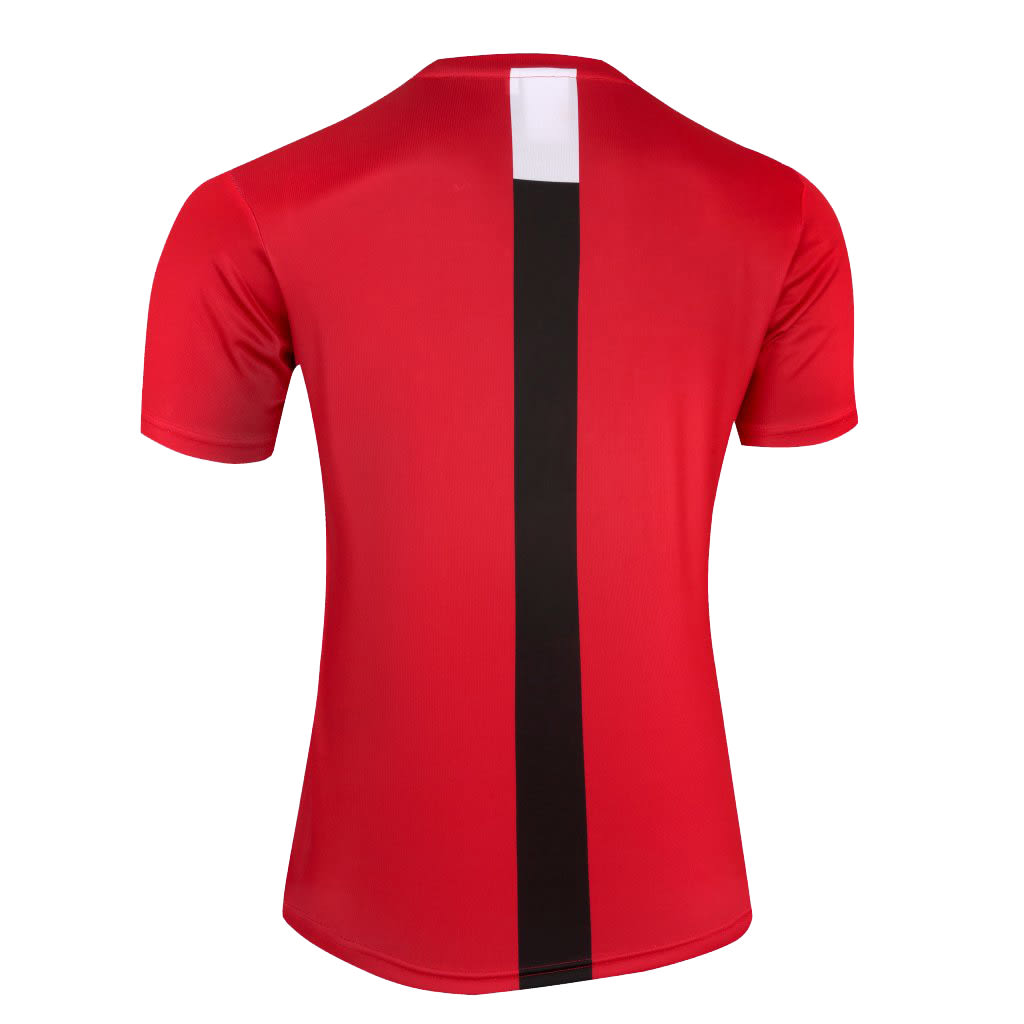 A red uniform t-shirt featuring a black stripe and a white tag on the back. It has a branded logo.