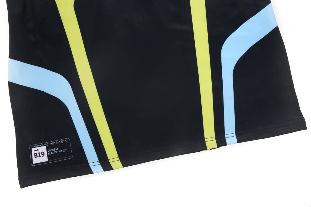 A black pull-over quarter zip product featuring blue and lime green design elements and a branding logo.