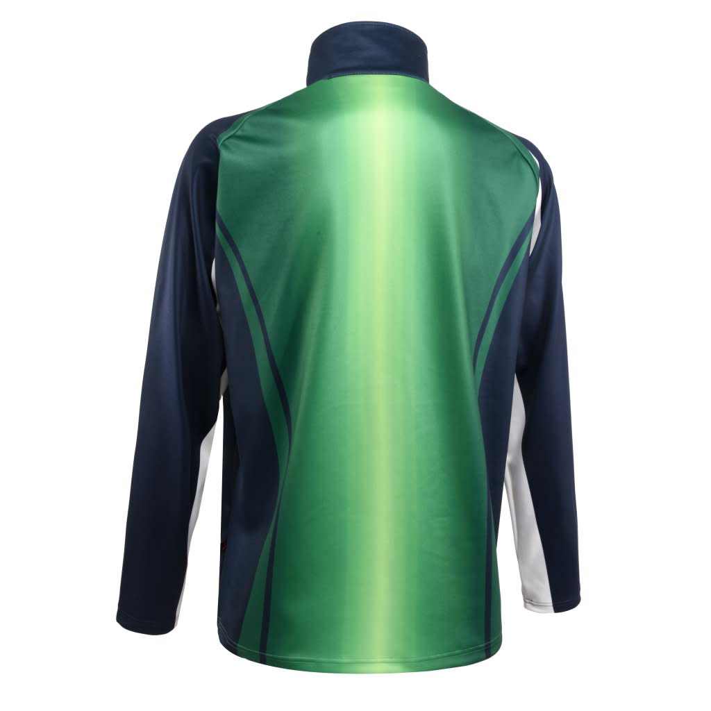A pullover featuring a gradient design in green, navy, and white, with a high collar and long sleeves. It has a logo.