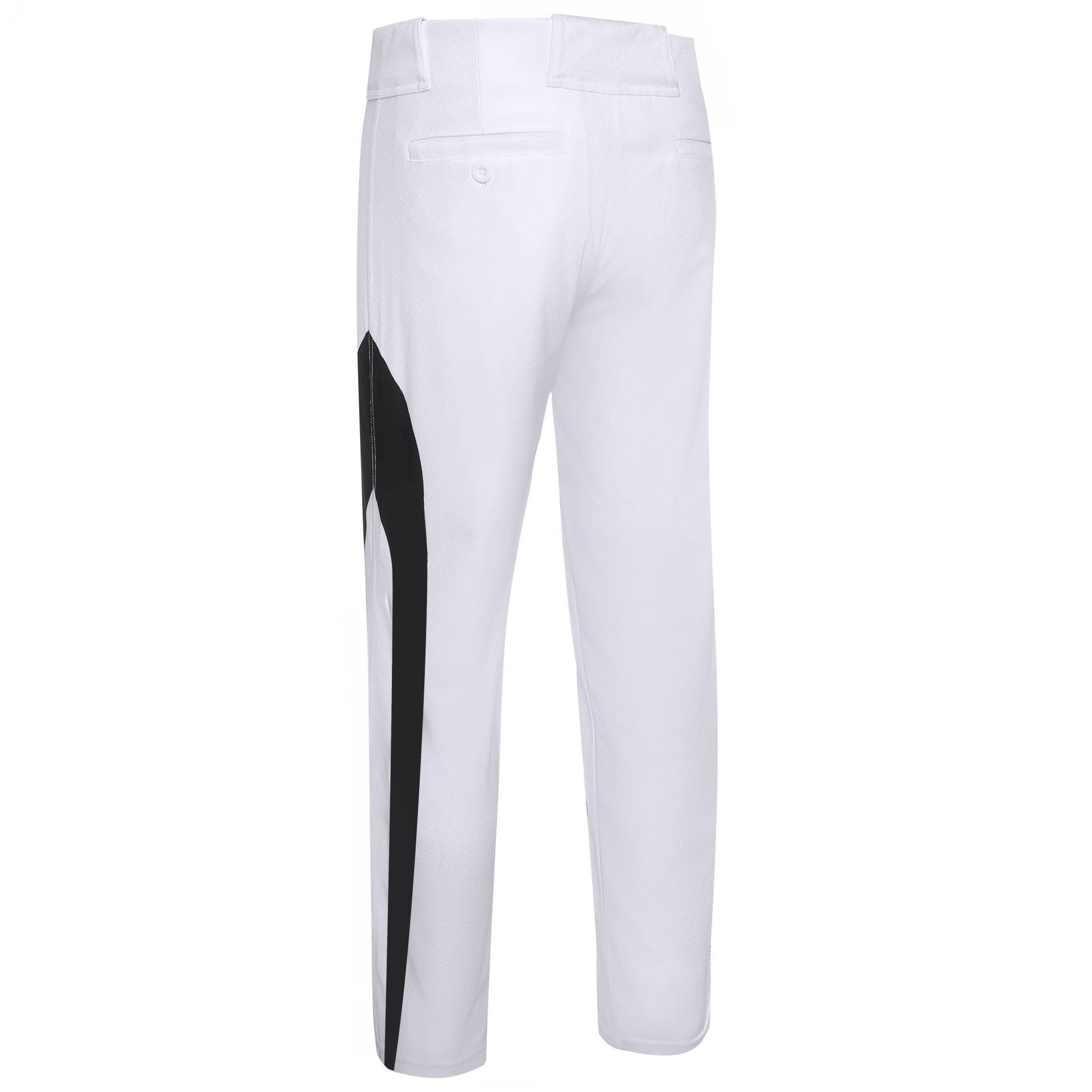 White baseball training pants with black side detailing and a logo. Designed for performance and comfort.