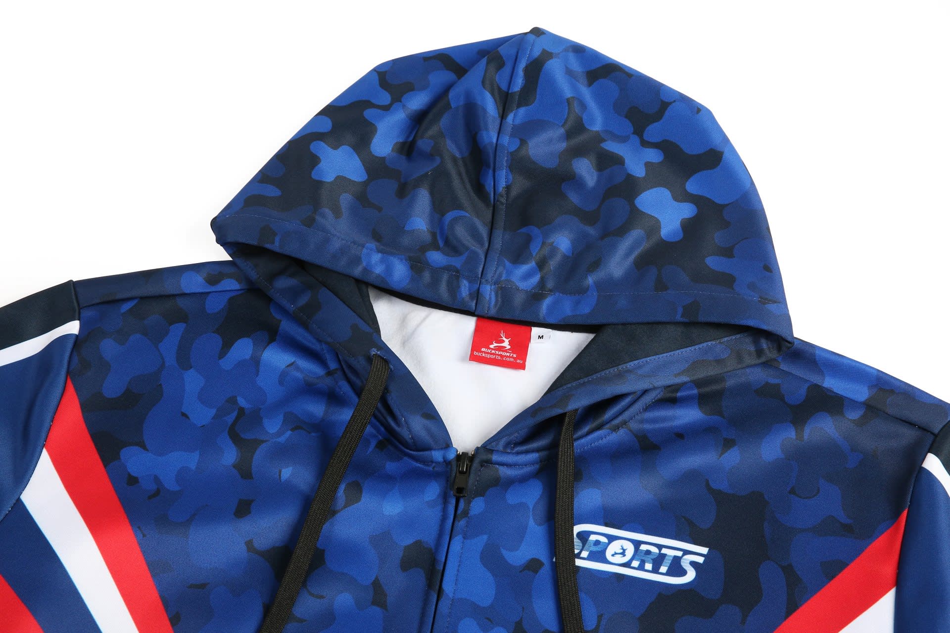 A blue camouflage tracksuit jacket with a hood, featuring red and white stripes and a logo on the front.