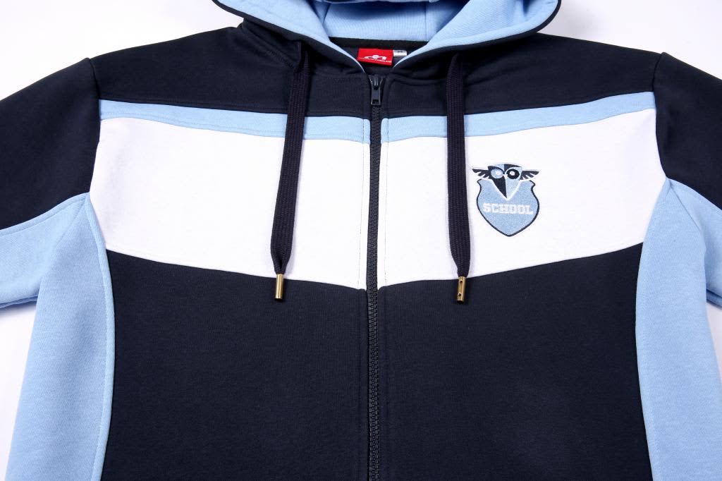 A polar fleece hoodie featuring navy blue, light blue, and white stripes, with a logo on the chest.