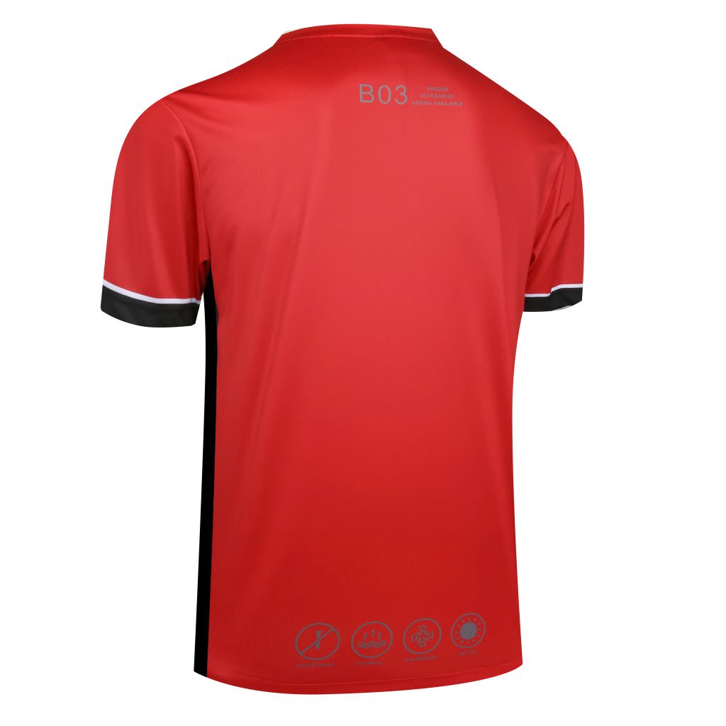 A red apparel shirt with a black trim, featuring a logo and various icons on the back.