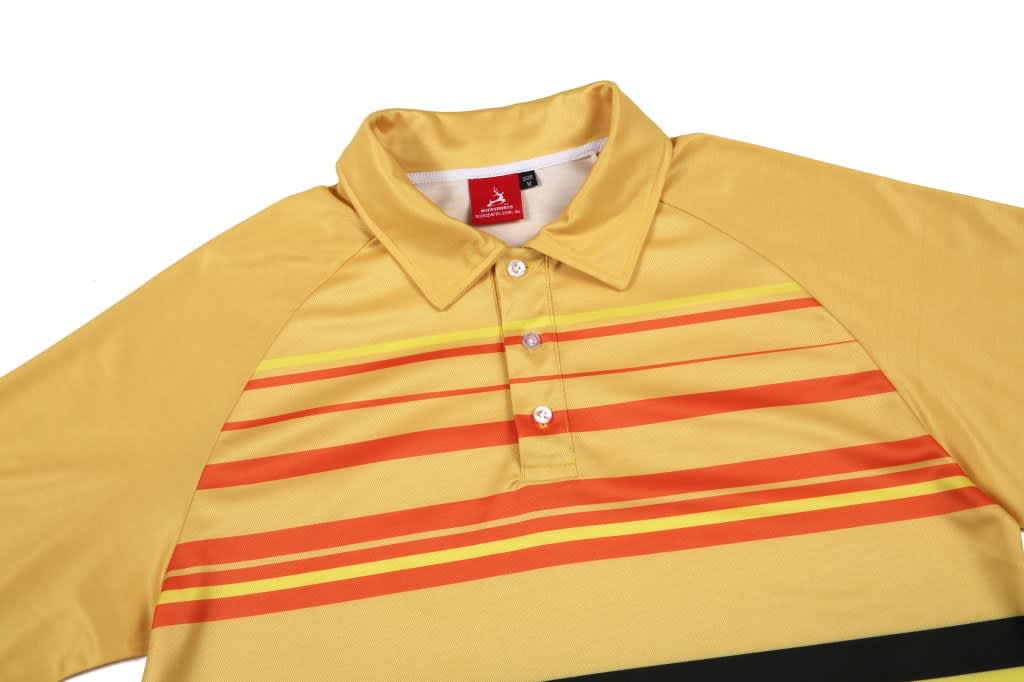 A yellow polo shirt with red and orange stripes, featuring a collar and buttons, along with a logo.