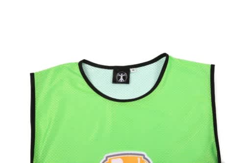 A green mesh vest with a black trim and a logo on the front.