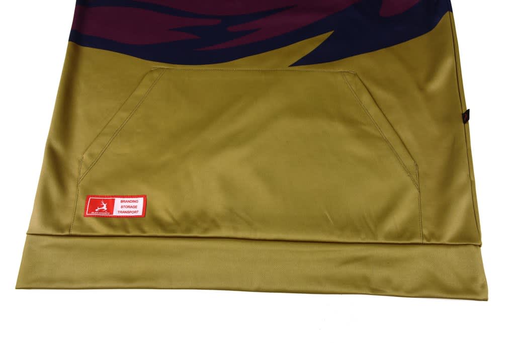 A green hoodie featuring a kangaroo logo and a front pocket design.