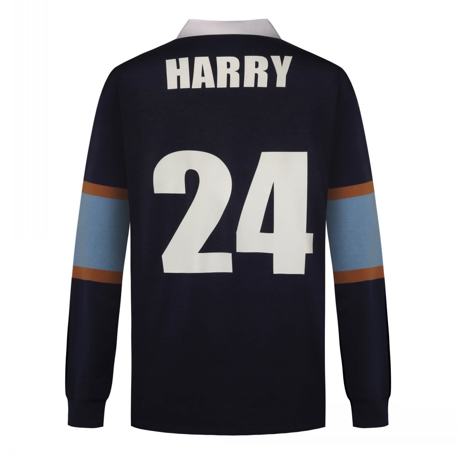 A dark navy sports jumper featuring long sleeves, with striped accents and a large number '24' on the back.