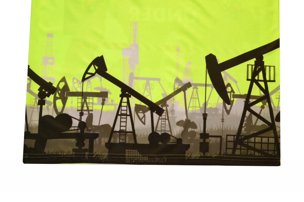 A bright yellow polo jersey featuring silhouettes of oil pumps and drilling rigs at the bottom.