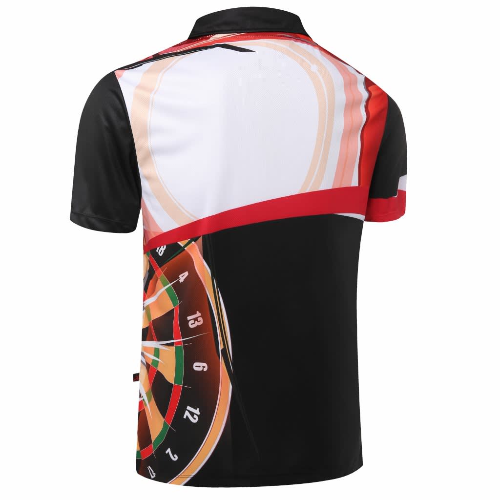 A black, red, and white polo shirt featuring a dartboard design and a logo.