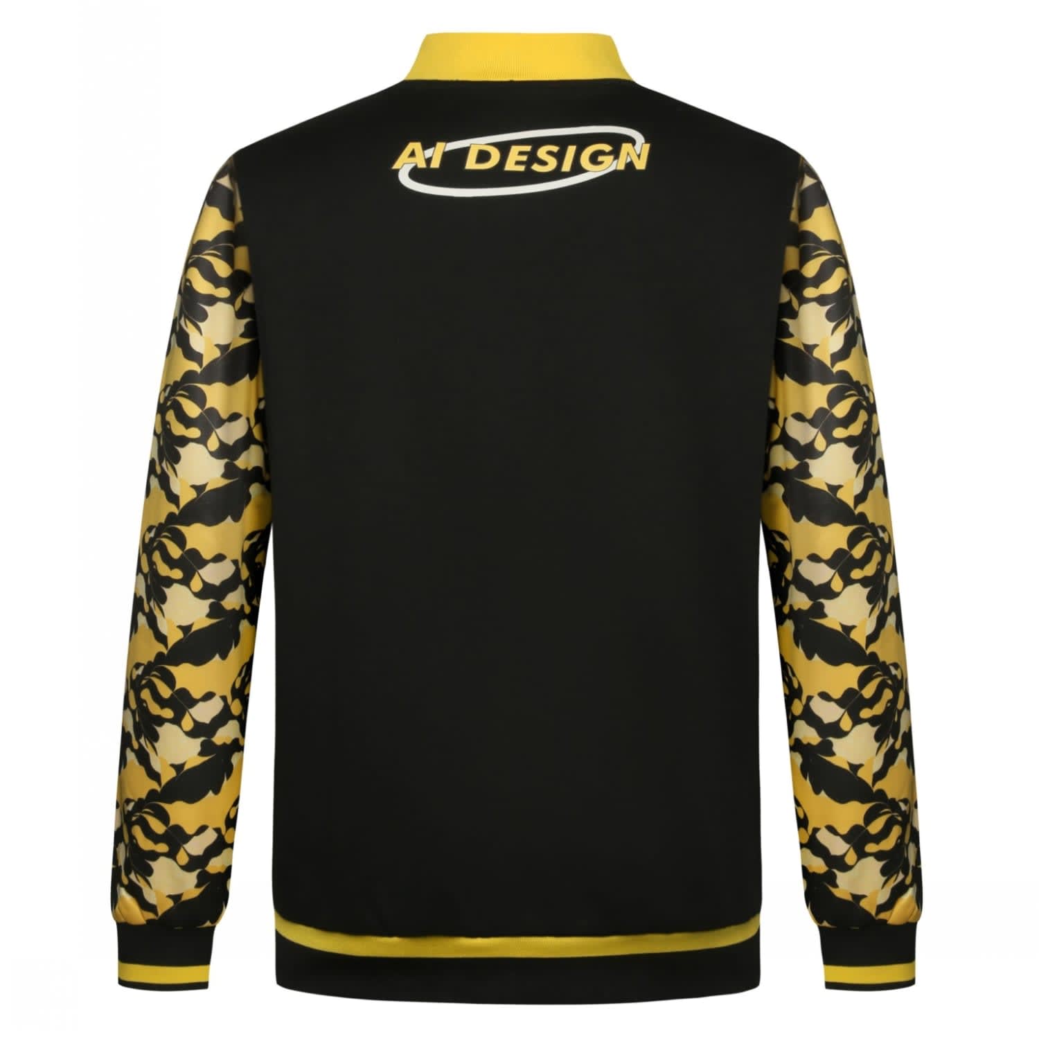 A black jacket featuring yellow camo sleeves and a logo on the back.