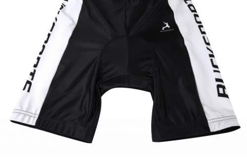 Cycling shorts in black with white sides and a logo, designed for sports. Ideal for cycling team wear.