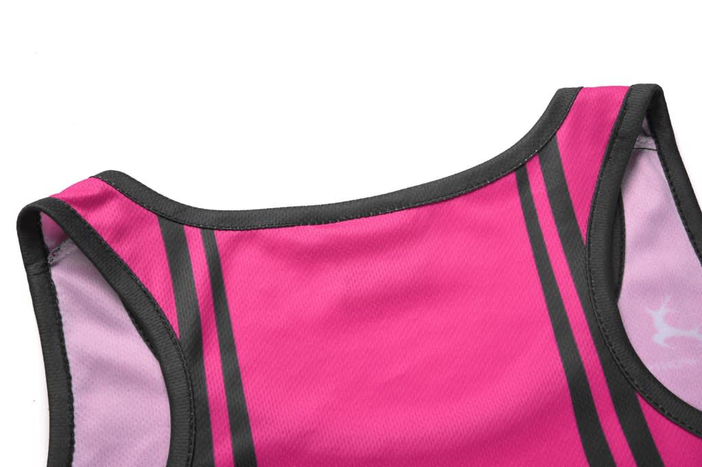 A pink women's singlet featuring black and lavender stripes and a logo on the front.