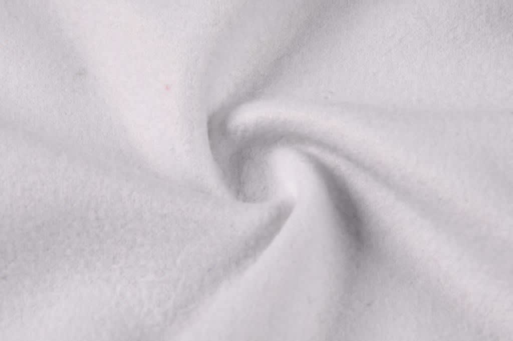 A soft white fabric with a smooth, swirling texture, ideal for custom hoodie designs. Features a subtle branding logo.