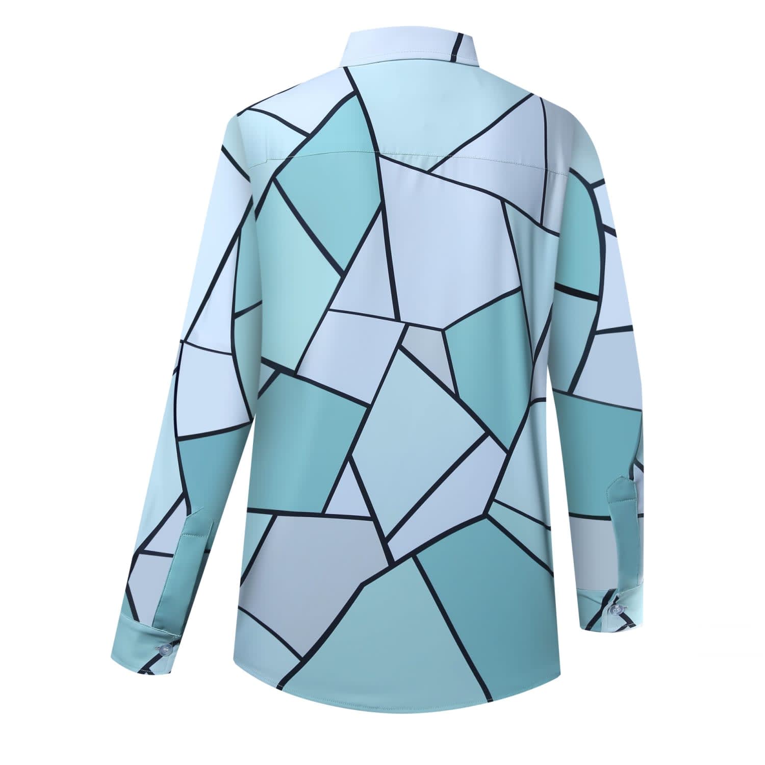 A long-sleeve shirt featuring a blue and white geometric pattern, with a logo on the back.