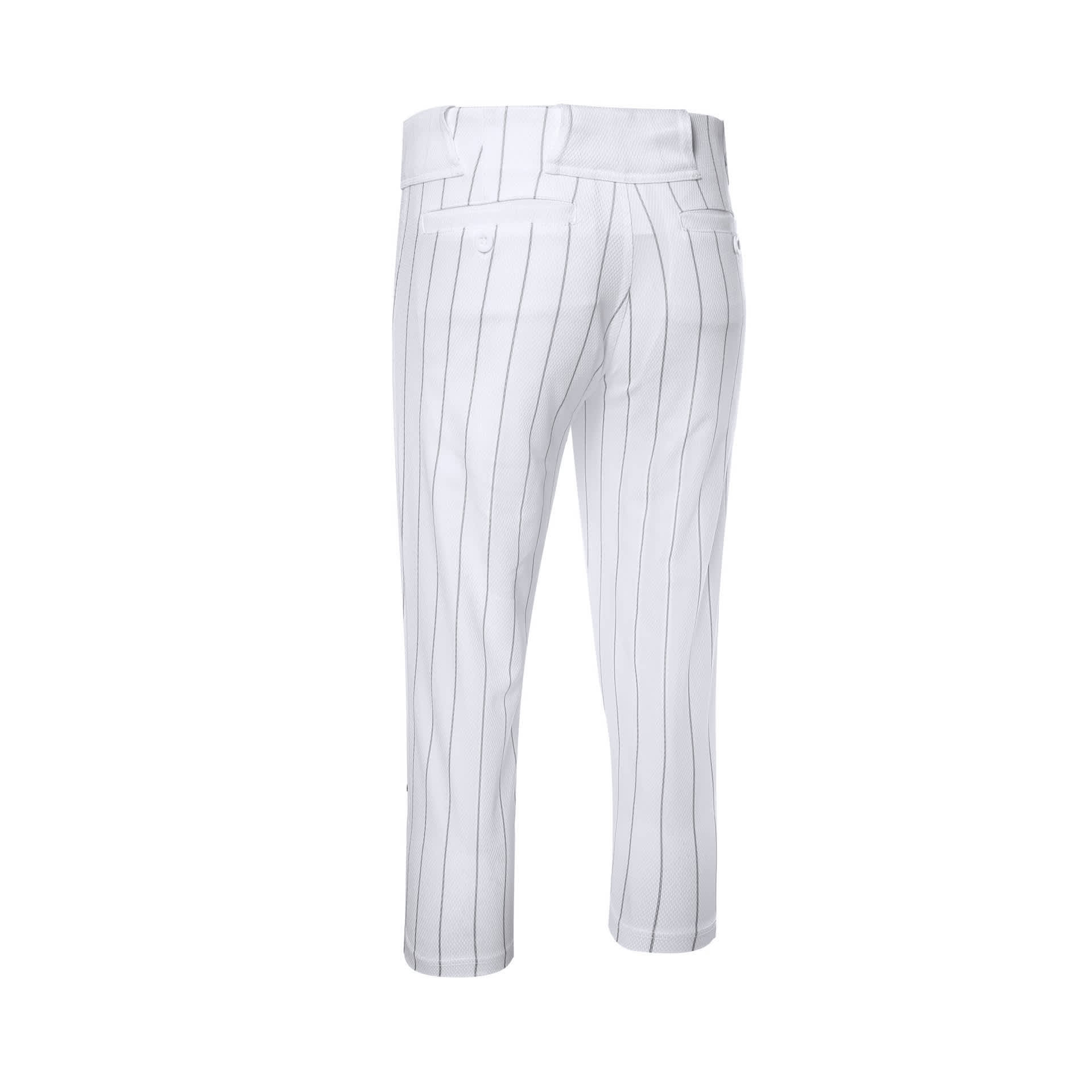 Cropped pants in white with vertical stripes, featuring back pockets and a logo.