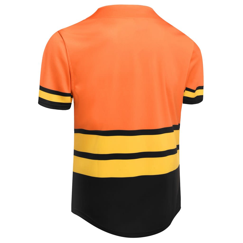 A full button baseball tee featuring orange, yellow, and black stripes on the back, with a logo present.