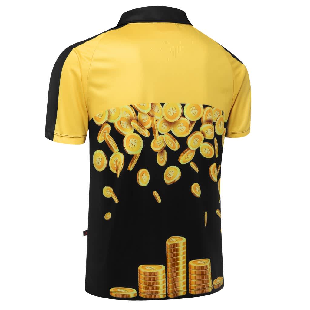 A polo shirt featuring a vibrant design with yellow and black colours, showcasing falling coins on the back.