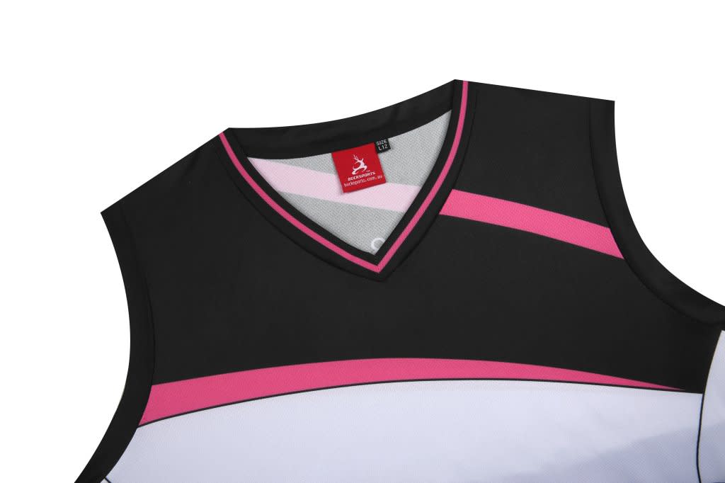 A black and pink custom basketball vest with a v-neck design and logo at the collar.