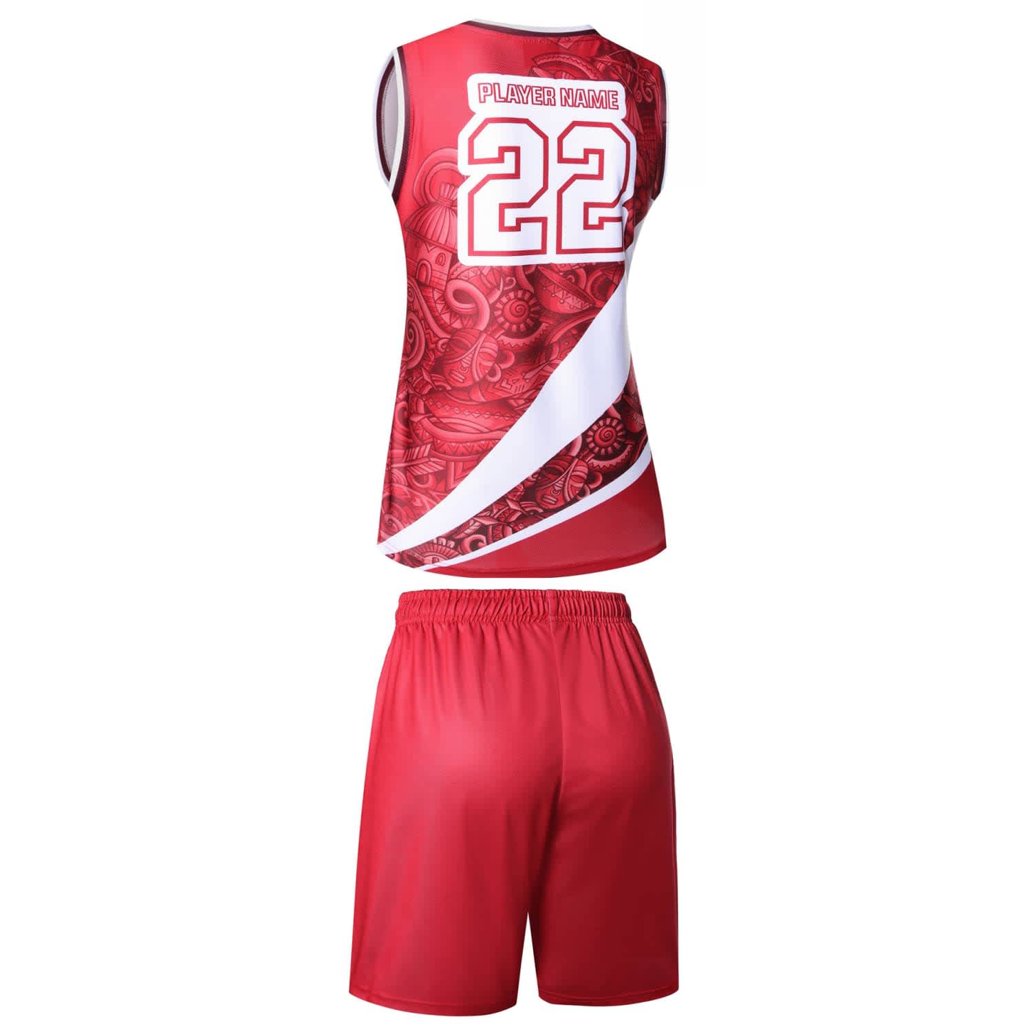 A red basketball uniform featuring a sleeveless top with a decorative pattern and matching shorts. Includes a logo.