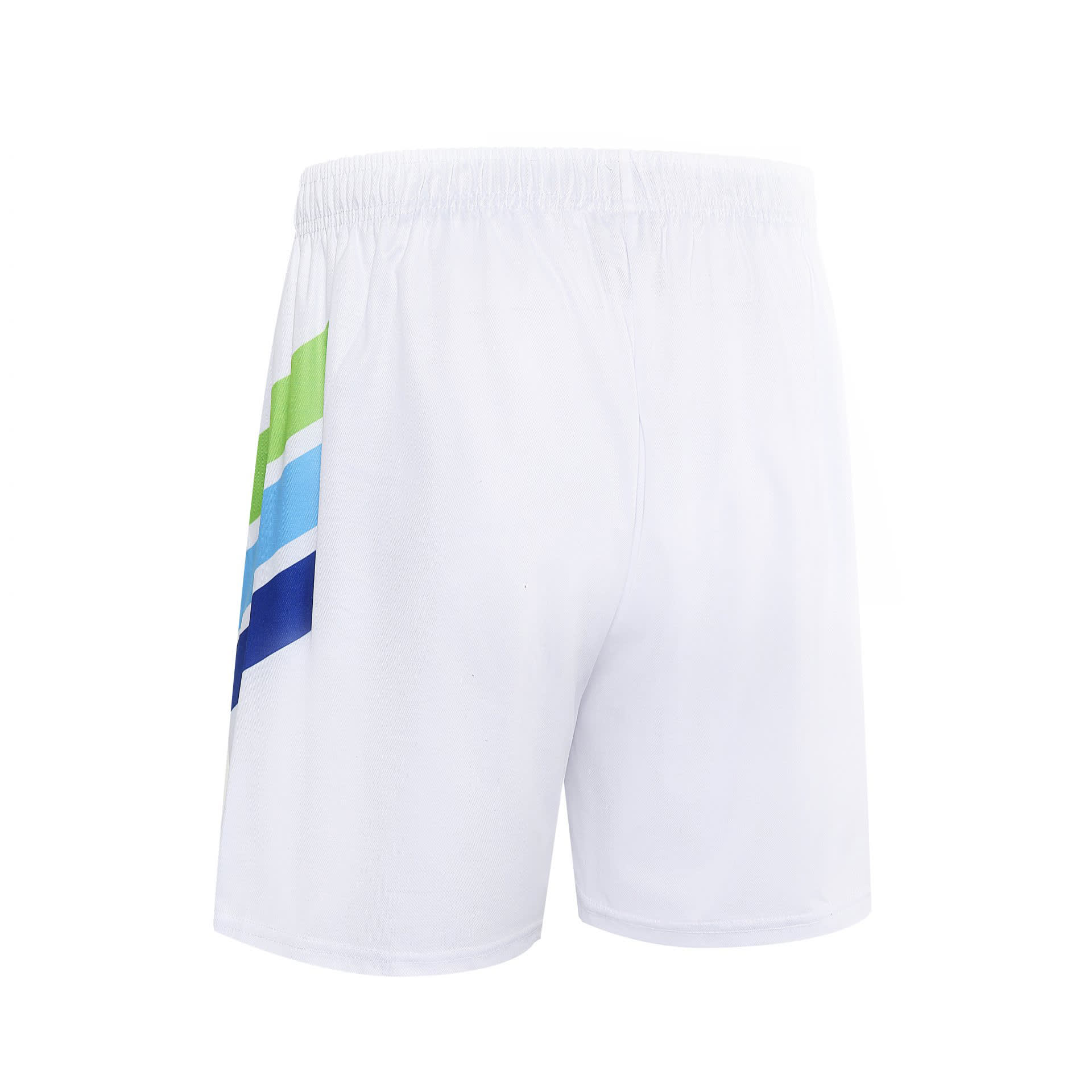 White tennis uniform shorts featuring a multi-coloured geometric design on one side and an elastic waistband.