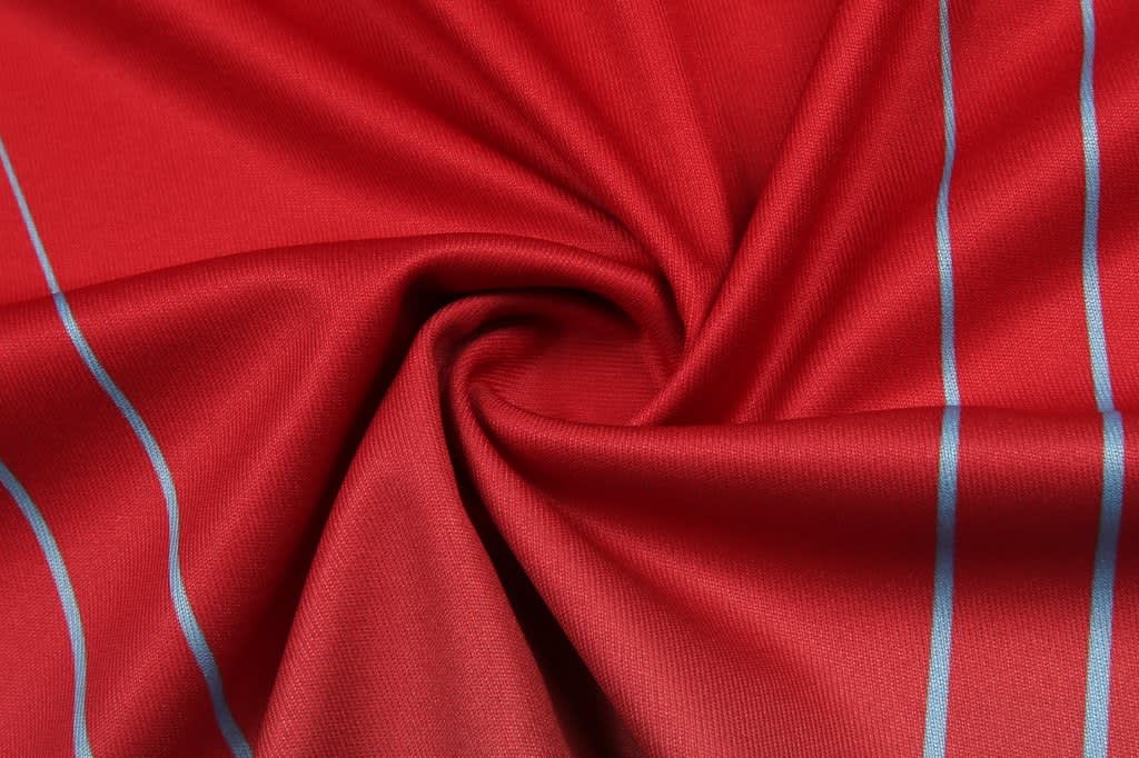 A close-up of red fabric featuring blue striped patterns, showcasing its texture and smoothness.