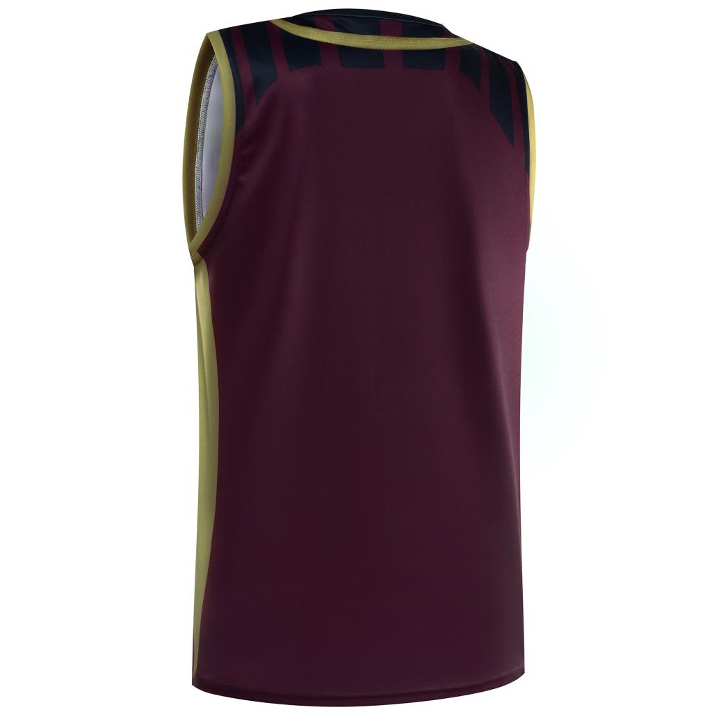 A maroon AFL singlet with green and gold accents, featuring a logo on the back.